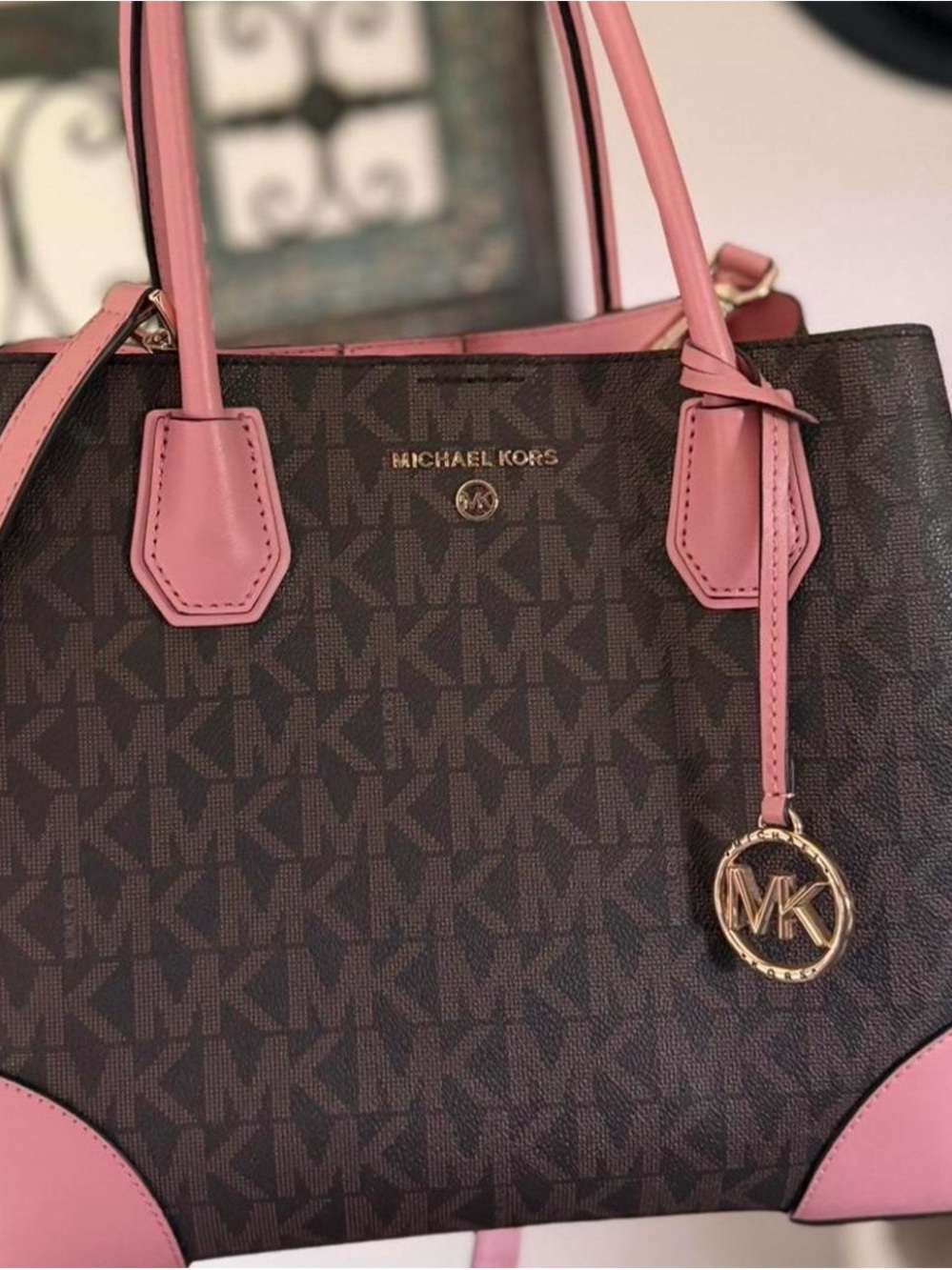 Michael Kors Brown MK Monogram Satchel with Pink Trim